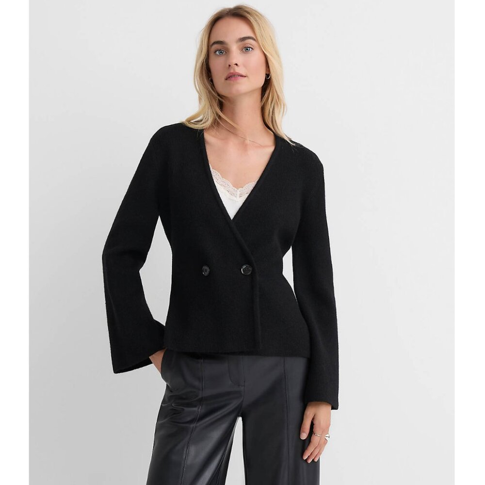 LOFT | 2025 Ribbed Double Button Sweater Jacket in Black | Size Small Petite